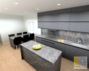 Cocina con isla y mesa de piedra en Tenerife